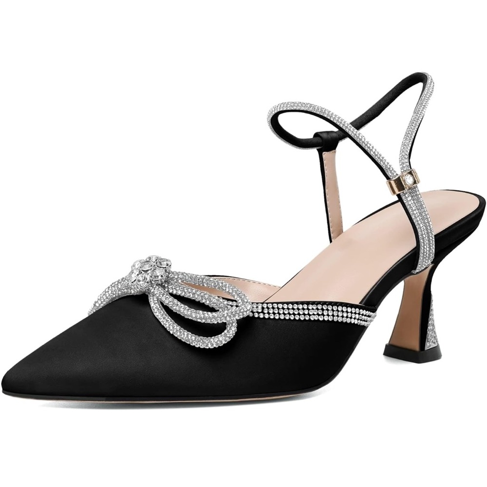 Pointed Toe Black Rhinestone Bow Women's Kitten Heels